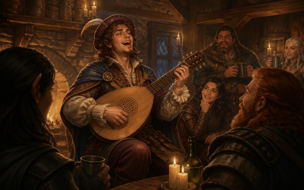 Bardo che canta e suona il liuto in una locanda fantasy