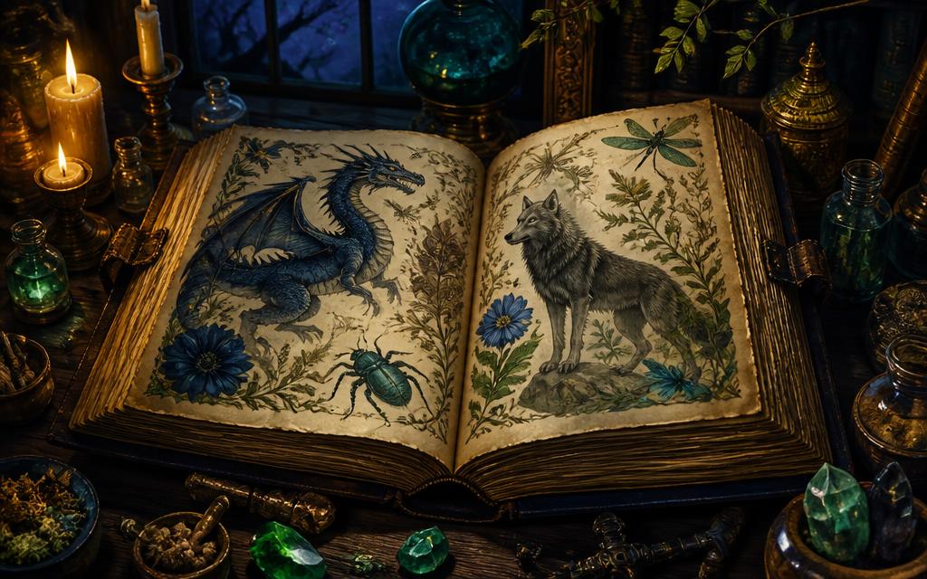 Antico bestiario illustrato aperto su un tavolo alla luce delle candele