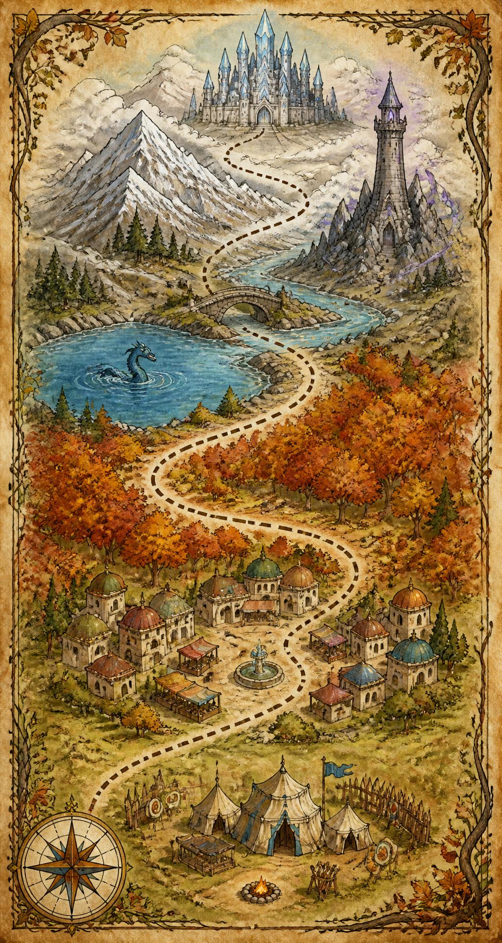 Mappa fantasy della classe seconda: campo di addestramento, villaggio del mercato, bosco d'autunno, lago del serpente e castello di cristallo
